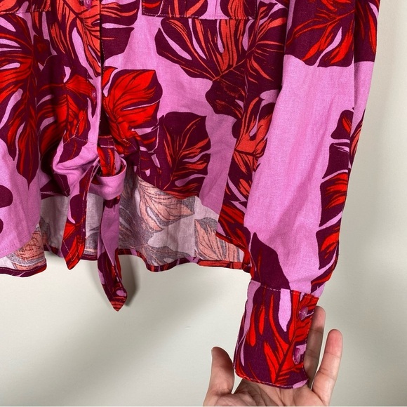 Sofia Vergara Tropical Palm Print Linen Button Down Tie Front Blouse Top‎ XL NWT - Picture 2 of 7